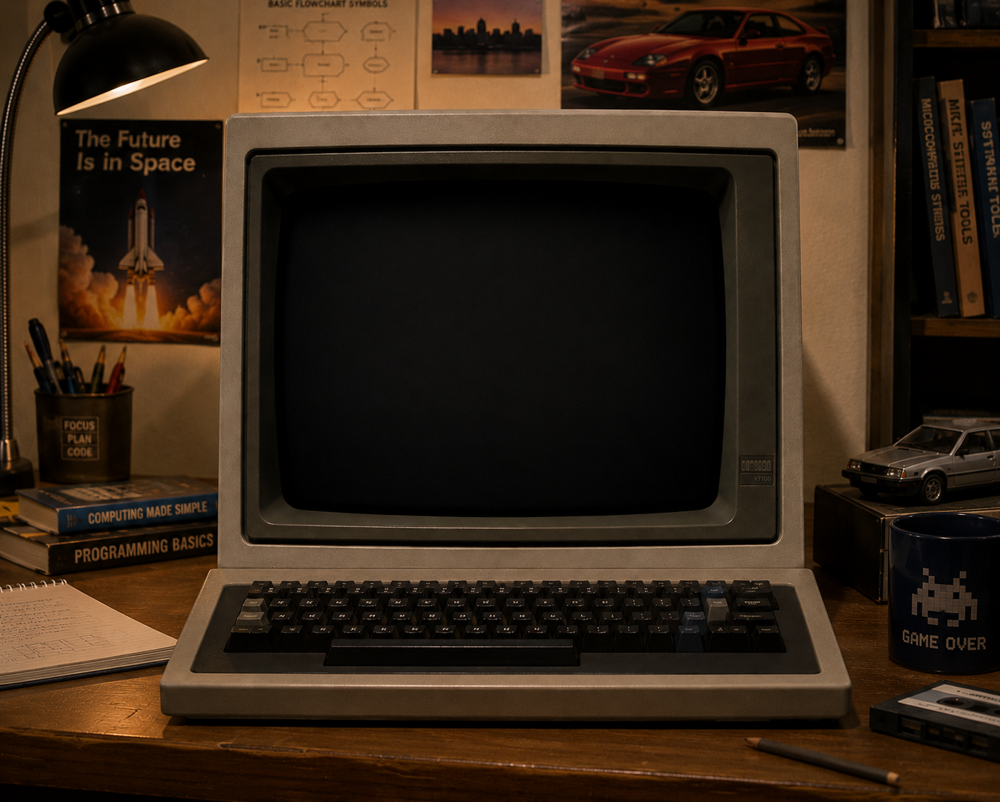 A brand-safe 1980s computer terminal on a desk with a blank CRT screen.
